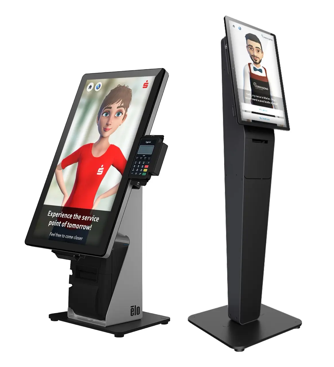 Zwei elo-Stelen mit alternativ großem Display oder kleinem Bildschirm, dargestellt mit Avatar KIM und Avatar Matteo.