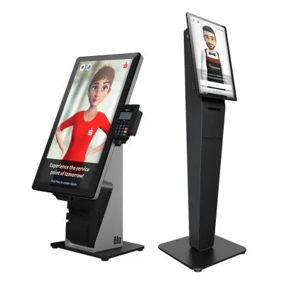 elo Stelen Bild von zwei Kiosksystem mit digitalem Empfang und den Avataren KIM und Matteo
